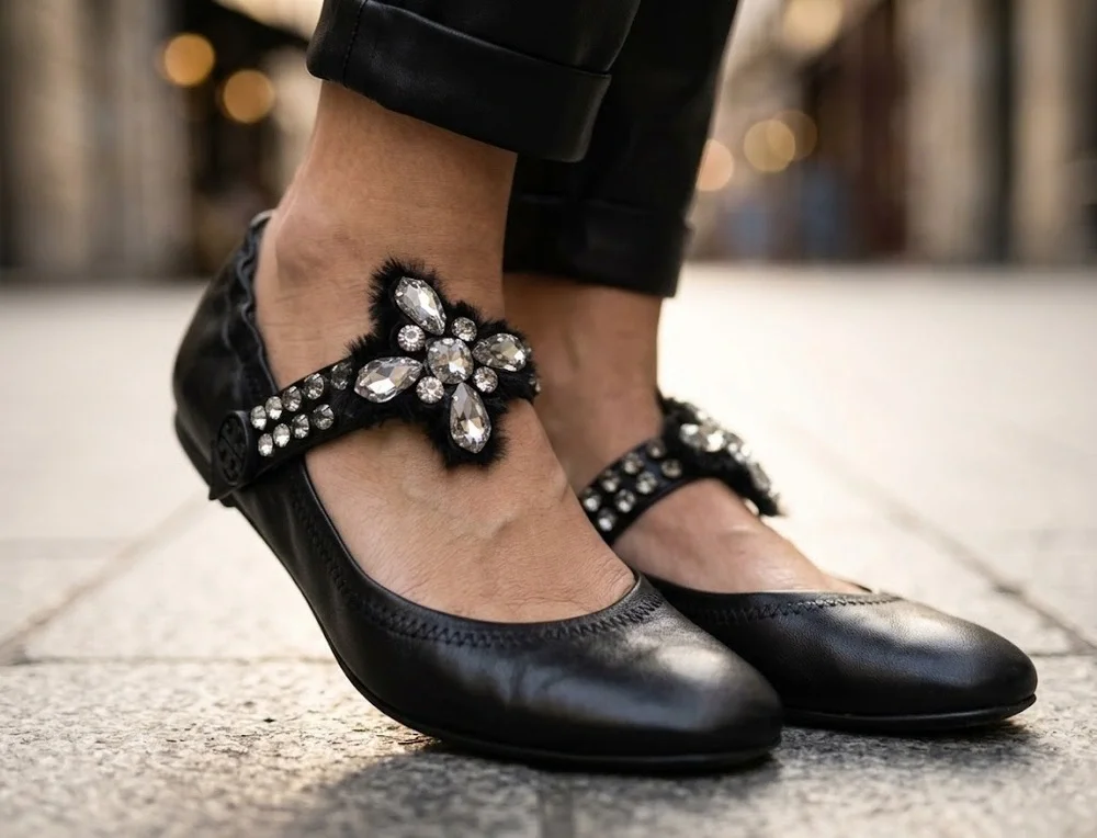 Tory Burch Black Leather Crystal Convertible Mary Jane Ballet Flats Size 8 EUC